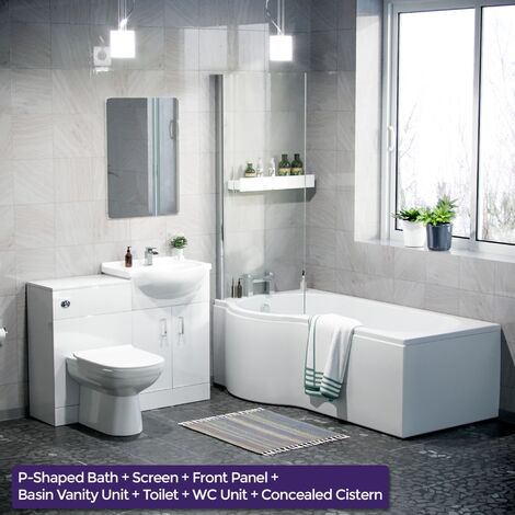 Warton P-Shaped Left Handed Bath, 550mm Vanity Basin Unit, WC Unit and Curved BTW Toilet Suite White (1/5)