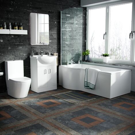 Warton 550mm Flat Pack Vanity Unit, Close Coupled Toilet and Left Handed P-Shaped  with Bath Screen Suite White (1/5)