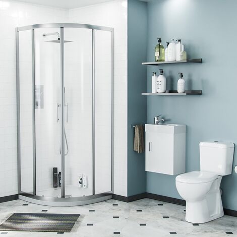 Lindley 3-Piece White Shower Enclosure Suite - 800mm Quadrant Shower Enclosure with Tray, Close Coupled WC Toilet with Seat and Wall Hung Vanity Basin Unit (1/5)