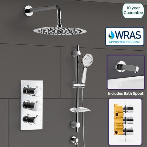 Flora Chrome Round 3 Way Concealed Thermostatic Shower Mixer Set - Slider Rail, Shower Head, Handset & Bath Filler Spout (1/5)
