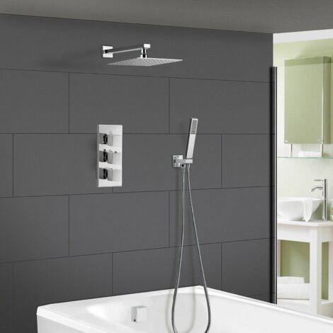 Olive Square 3 Way Concealed Thermostatic Shower Mixer Set - Shower Head, Handset, Bath Filler & Waste