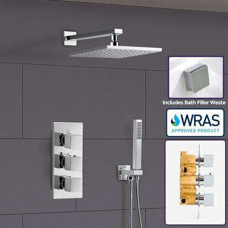Olive Square 3 Way Triple Thermostatic Valve with Round Shower Head + Handset (1/5)