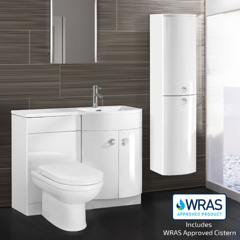 Dene RH 1100mm Vanity Basin Unit White, Welbourne Back to Wall Toilet & Wall Hung Cabinet White