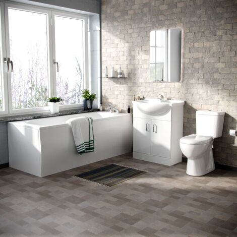 Memphis 3-Piece Bathroom Suite White - Close Coupled Toilet, 650mm Basin Vanity Unit and Round Bath Tub
