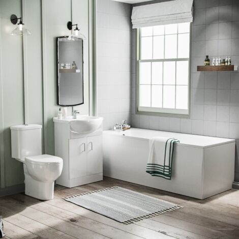 Amber Including 650mm Vanity Cabinet, Close Coupled Toiler and Bath Bathroom Set (1/5)