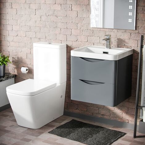 Lydon 500mm Wall Hung Vanity Basin Unit & Square Rimless Close Coupled Toilet Grey (1/5)