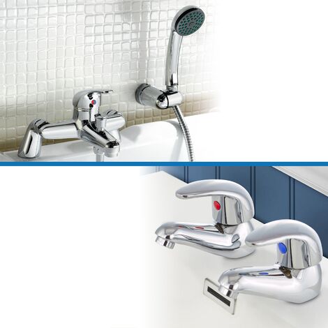 Studio Contemporary Set Of Twin Basin Taps & Bath Shower Mixer Tap With Handheld Kit (1/5)