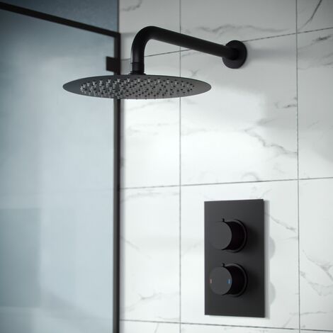 Porto Concealed Thermostatic Overhead 250mm Rainfall Shower Mixer Set Matte Black (1/5)