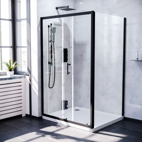Keni 1100mm Shower Sliding Door, 900mm Frameless Glass Side Panel Screen & Tray Matte Black