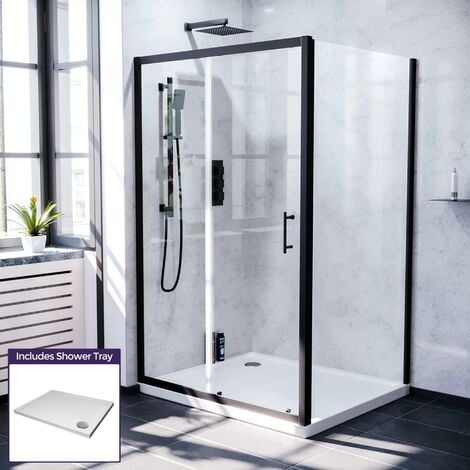 Keni 1100mm Shower Sliding Door, 760mm Frameless Glass Side Panel Screen & Tray Matte Black