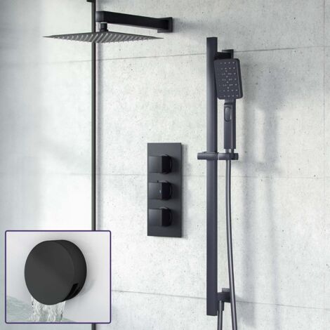 3-Way Thermostatic Mixer valve with 200mm Shower Head, Riser Rail and Handheld + Bath Filler Waste Set (1/5)