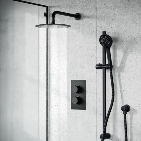 Violet 2 Dial 2 Way Thermostatic Mixer, 200mm Rainfall Shower Head, Slider Rail & Handset Matte Black (1/5)
