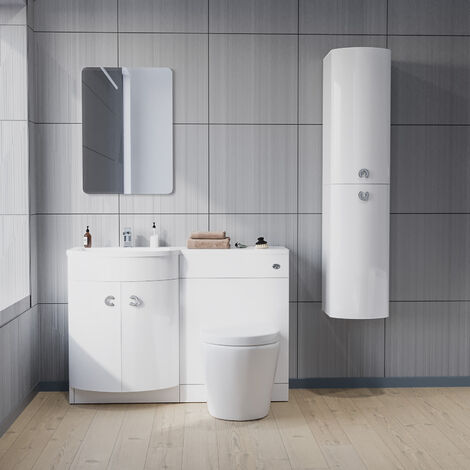LH White Bathroom Vanity with WC, BTW Rimless Toilet & Wall Hung Cabinet Flat Pack Dene (1/5)