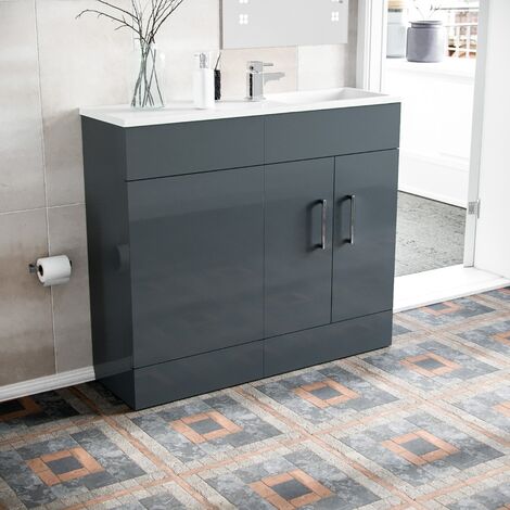 James 1000mm Freestanding Grey MDF Slimline Vanity Cabinet & White Resin Basin