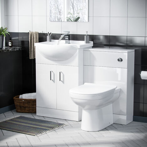 Dyon White Vanity Sink Unit Cloakroom Basin & Back To Wall Toilet WC - Flat Pack