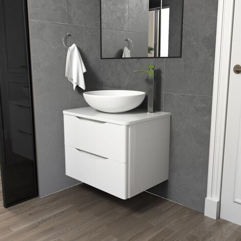Merton White 600mm Bathroom Wall Hung Vanity Unit With Round Ceramic Countertop 405mm Basin