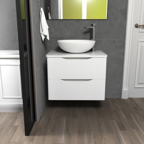 Merton White 600mm Bathroom Wall Hung Vanity Unit With Round Ceramic Countertop 405mm Basin