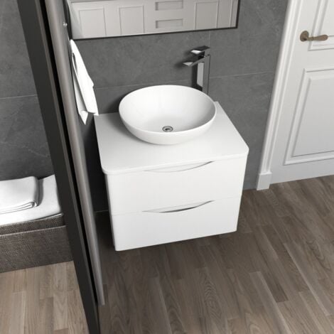 Merton White 600mm Bathroom Wall Hung Vanity Unit With Round Ceramic Countertop 405mm Basin
