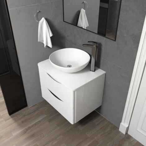 Merton White 600mm Bathroom Wall Hung Vanity Unit With Round Ceramic Countertop 405mm Basin