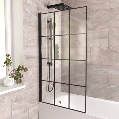 800mm Square Bath Screen Black Profile With Grid Glass Reversible Sheen (1/5)