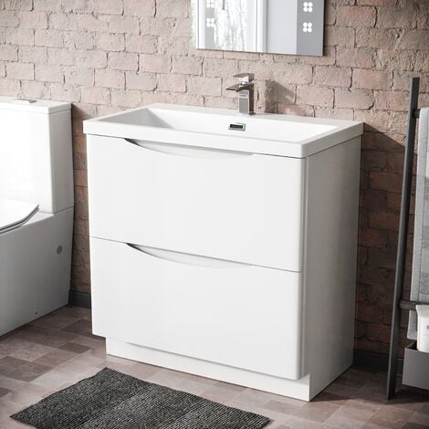 Modern 800mm Freestanding Gloss White Basin Vanity Sink 2 Drawer  Merton