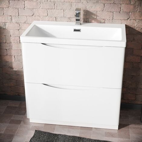 Modern 800mm Freestanding Gloss White Basin Vanity Sink 2 Drawer  Merton