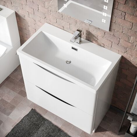 Modern 800mm Freestanding Gloss White Basin Vanity Sink 2 Drawer  Merton