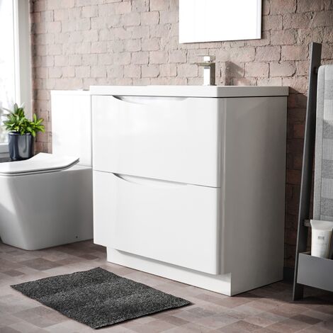 Modern 800mm Freestanding Gloss White Basin Vanity Sink 2 Drawer  Merton