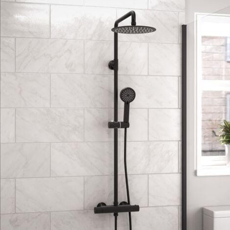 Nes Home Modern Round Matte Black Exposed Thermostatic Mixer Shower Set With Shower Head and Handheld