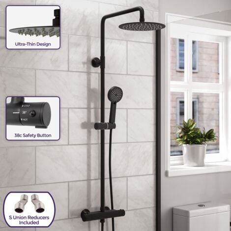 Nes Home Modern Round Matte Black Exposed Thermostatic Mixer Shower Set With Shower Head and Handheld