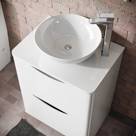 Merton White 600mm Bathroom Freestanding Vanity Unit With Round Ceramic Countertop 405mm Basin