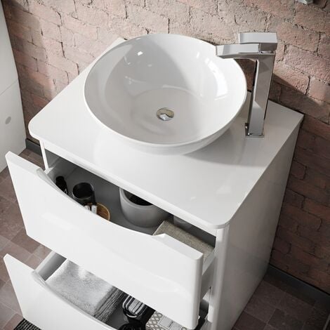 Merton White 600mm Bathroom Freestanding Vanity Unit With Round Ceramic Countertop 405mm Basin