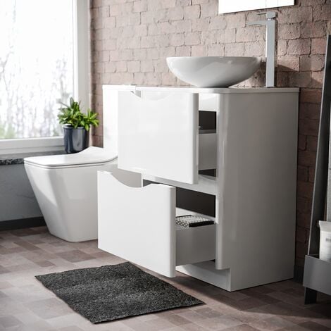 Merton White 600mm Bathroom Freestanding Vanity Unit With Round Ceramic Countertop 405mm Basin