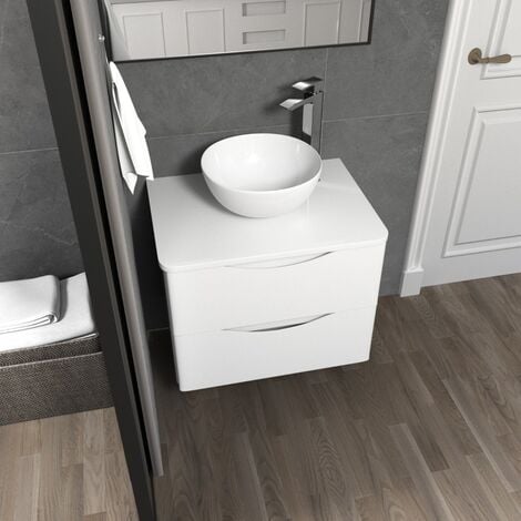 Merton White 600mm Bathroom Wall Hung Vanity Unit With Round Ceramic Countertop 320mm Basin