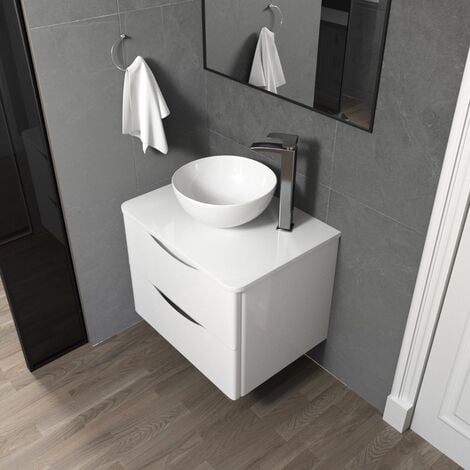 Merton White 600mm Bathroom Wall Hung Vanity Unit With Round Ceramic Countertop 320mm Basin