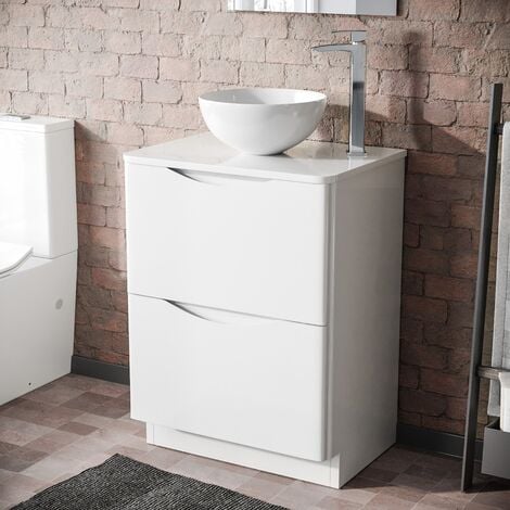 Merton White 600mm Bathroom Freestanding Vanity Unit With Round Ceramic Countertop 320mm Basin
