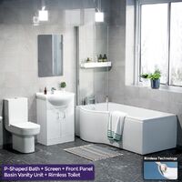 Warton P-Shaped Left Handed Bath, 550mm Vanity Basin Unit, WC Unit and Rimless Toilet Suite White