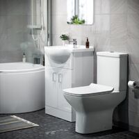 Warton P-Shaped Right Hand Side Bath Set, Front Panel, Bath Screen, Rimless Open Back CC Toilet, 550mm Floor Standing Vanity Unit White, Taps & Shower