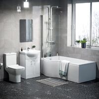 Warton P-Shaped Left Hand Side Bath Set, Front Panel, Bath Screen, Rimless Open Back CC Toilet, 550mm Floor Standing Flat Pack Vanity Unit White, Taps & Shower