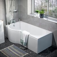 Warton P-Shaped Left Hand Side Bath Set, Front Panel, Bath Screen, Rimless Open Back CC Toilet, 550mm Floor Standing Flat Pack Vanity Unit White, Taps & Shower