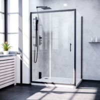 Keni 1200mm Shower Sliding Door, 760mm Frameless Glass Side Panel Screen & Tray Matte Black