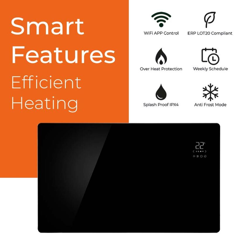 Vitra WiFi Electric Panel Heater, Wall Mounted or Portable / Energy  Efficient LOT20 Compliant, Black-1000W