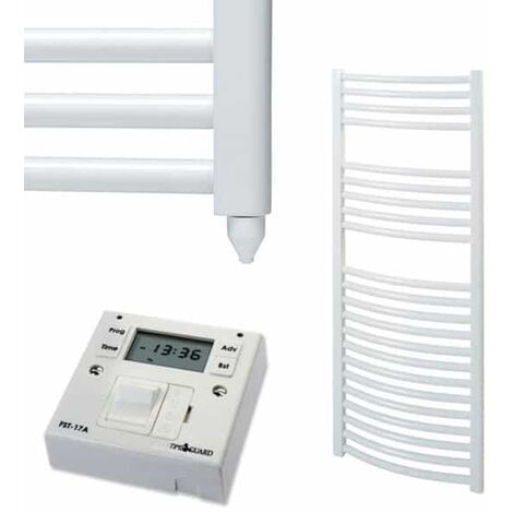 BRAY Curved Heated Towel Rail / Warmer, White - Electric + Fused Spur Timer, 50cm x 120cm