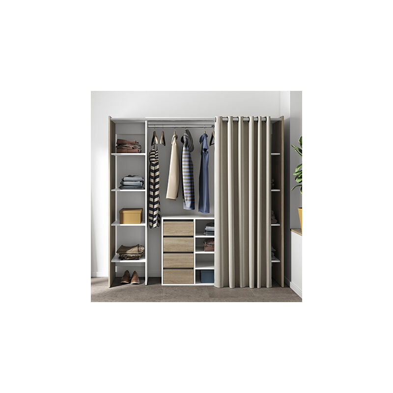 Dressing 2 colonnes + meuble 4 tiroirs blanc, rideau gris