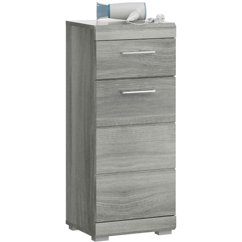 Meuble de salle de bain sur pied - 1 porte et 1 tiroir - chêne gris - rangement - 1 pièce