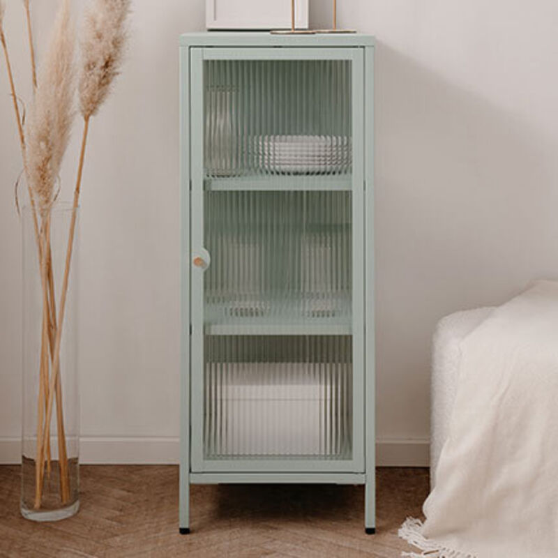 Petite vitrine 1 porte 40x40x101,5 cm en verre et métal vert menthe