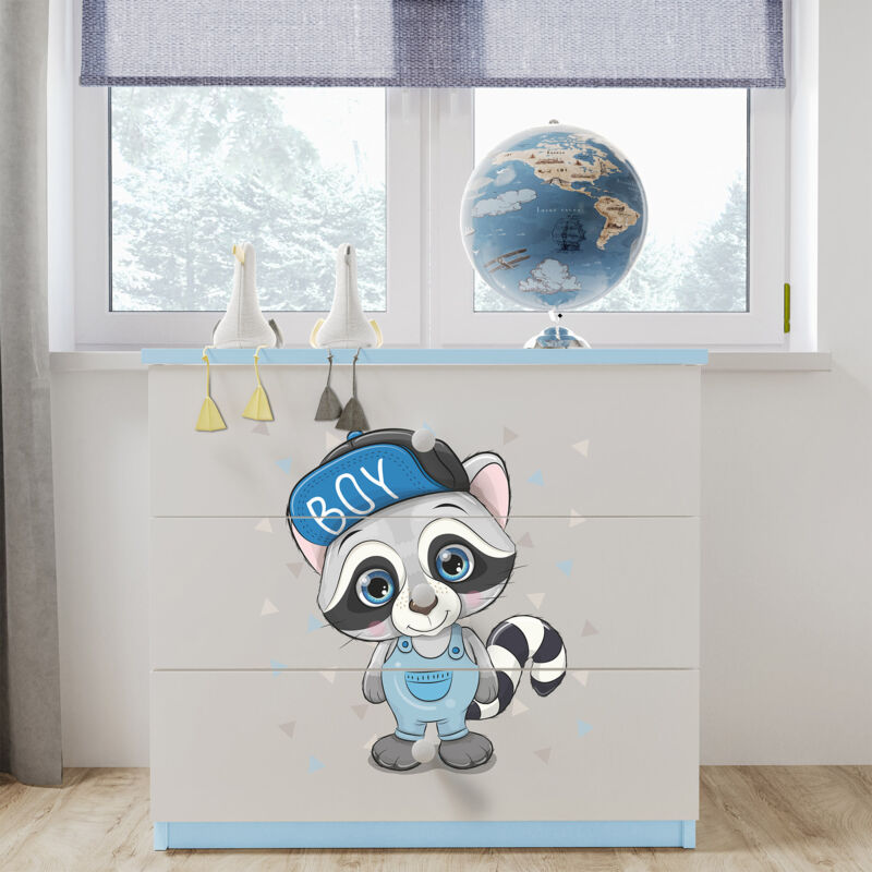 Commode En Raton Design Commode 3 tiroirs blanche et bleu avec décor raton laveur - HEROS