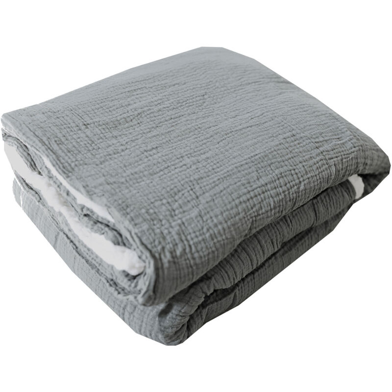OUREA - Plaid à Franges 180x220cm 4 Epaisseurs Gaze De Coton Granit - - Meubles, Salons, Literie