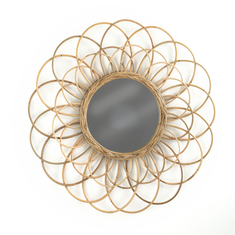 Miroir Décoratif En Rotin Naturel Forme Soleil - Diamètre 92 Cm (miroir 28 Cm) - Neuf