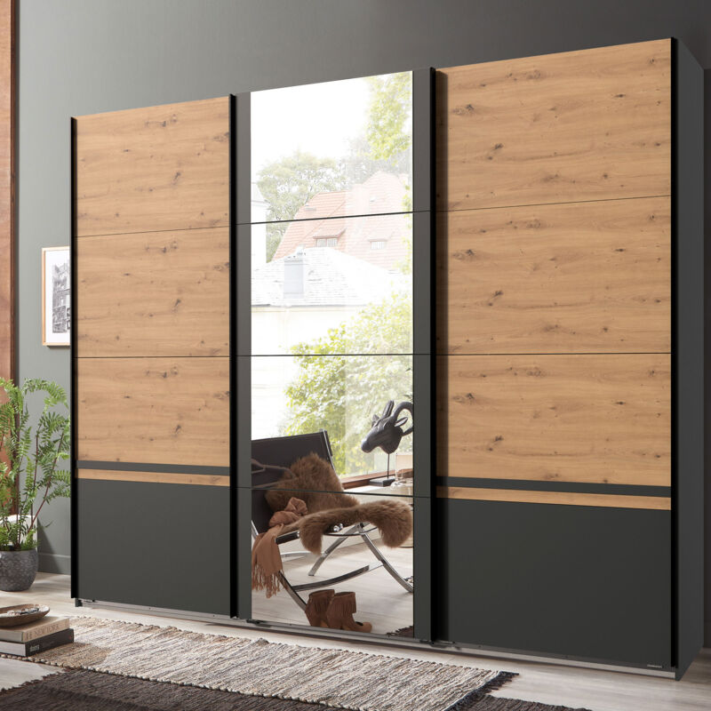 Penderie Snoter II - Armoire à Portes Coulissantes Avec 2 Tringles Et Miroir - Motif Chevrons - Pour Chambre à Coucher (modèle 100, Sans Tiroirs, Artisan + Noir